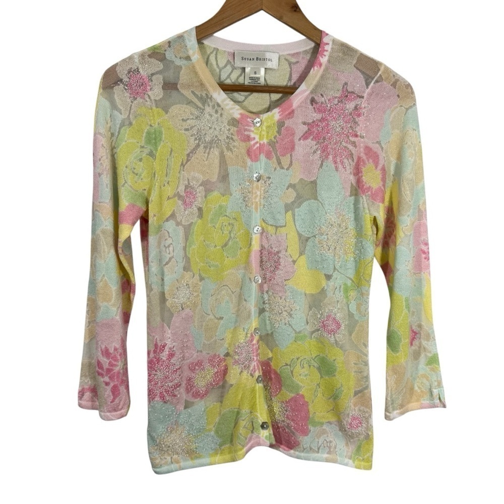 Vtg Susan Bristol Beaded Floral Cardigan Sz S Pastel Sheer Button Up Sweater EUC